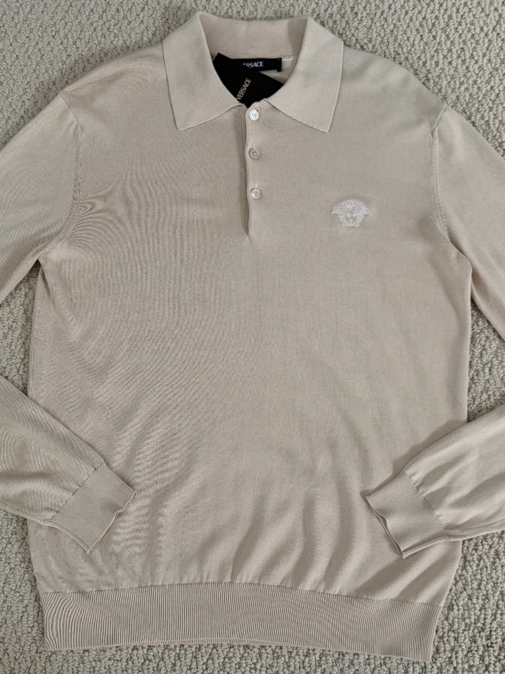 Versace Medusa Embroidered Logo Beige Knit Viscose Cotton Sweater Polo Shirt